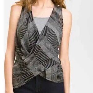 Eileen Fisher Surplice Crossover Wrap Tank Top Black Stripe Size XL NWT